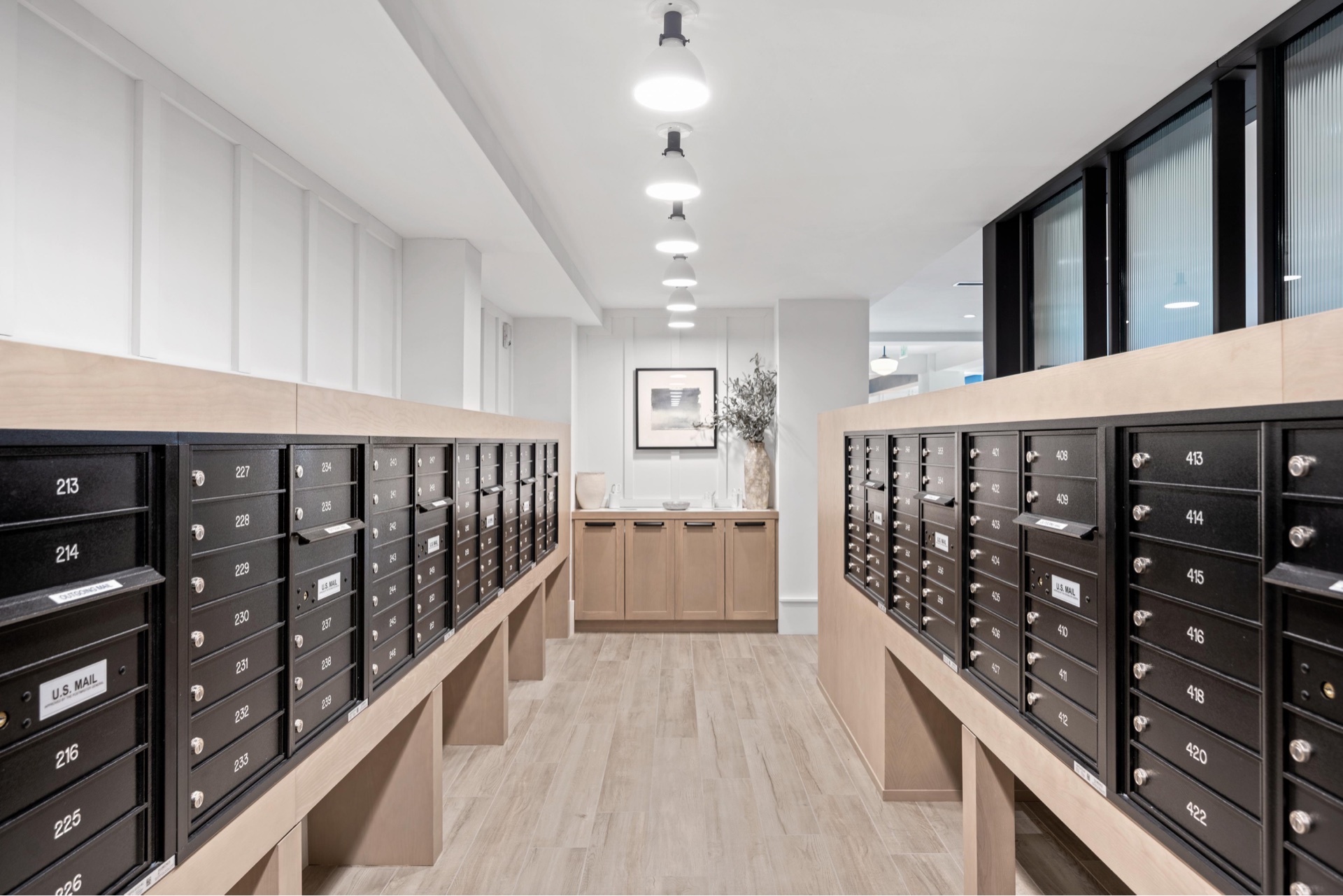 Stylish lobby mailroom.